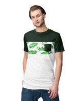 Men's floral pocket t-shirt with green leaves design and black pocket on a white base for trendy summer style.